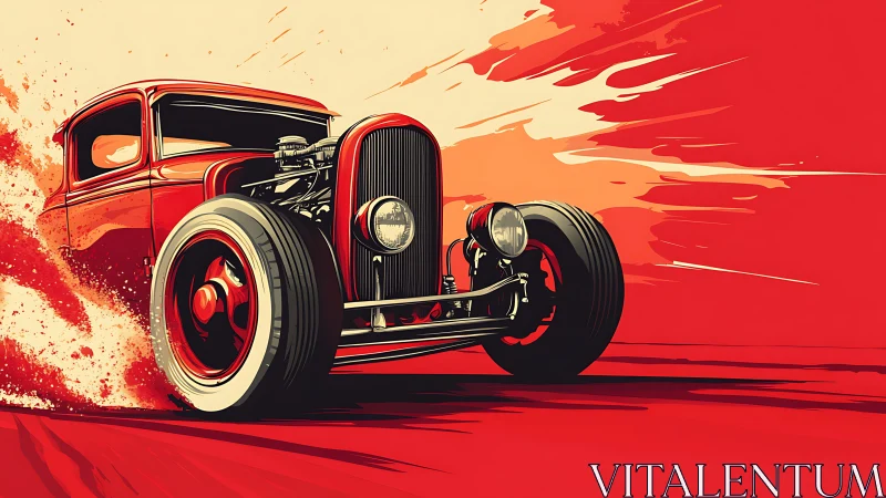 Red hot rod car accelerates with stylized motion blur