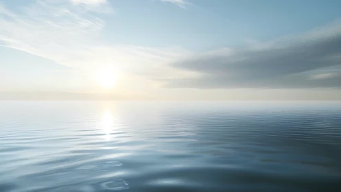 Sunlit horizon aligns over calm, uniformly rippled ocean surface