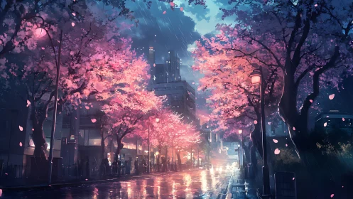 Rain-kissed city street glows beneath luminous cherry blossoms.