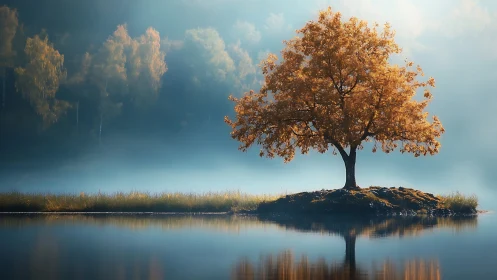 Solitary amber tree adrift in blue morning hush on water.