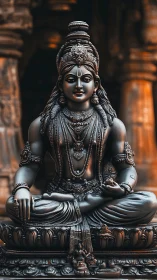 Sacred bronze deity statue seated in meditative pose.