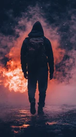 Hooded wanderer strides forward through glowing city smoke.