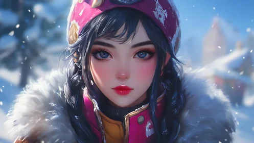 Snowy mountain girl gazes ahead with vivid blue eyes.