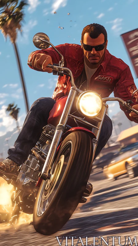 Motorcyclist leans into high speed urban turn with sparks