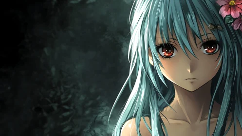 Anime girl with teal hair against dark abstract background.