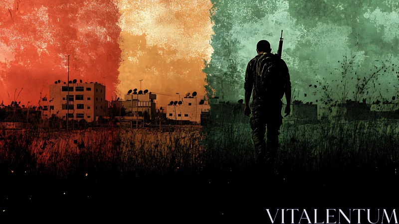 Solitary figure crossing a city divided by fading colors.