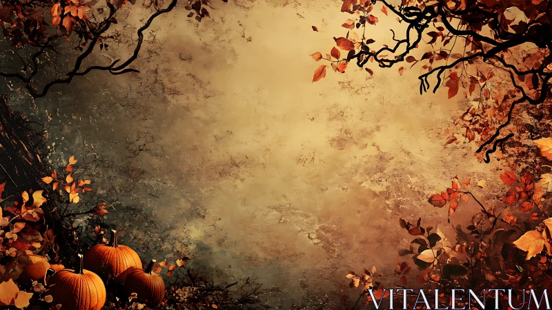 Pumpkins rest beneath autumn branches in a rustic glow