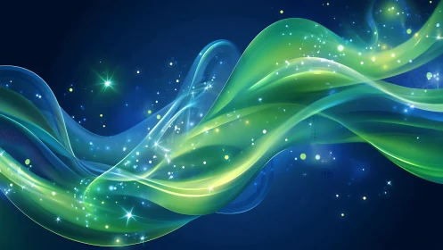 Luminous green light waves over deep blue cosmic field.