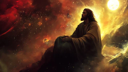 Gentle figure resting in glowing cosmic storm of light.