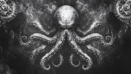 Monochrome abyssal octopus spreads swirling luminous arms.