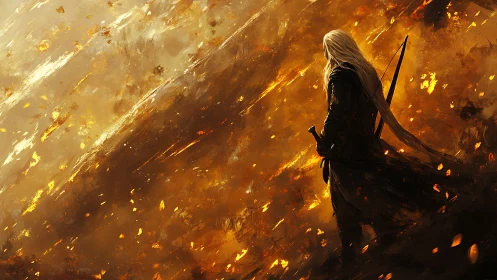 Solitary armed figure stands within dense golden vortex