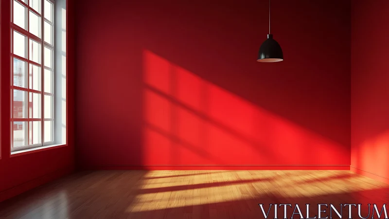 Sunlit red interior with hard-edged window shadows and pendant lamp