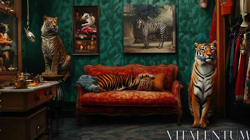 Surreal Interior: Tigers Inhabit Opulent Room with Teal Wallpaper