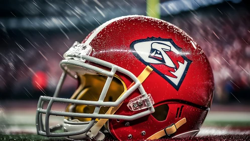Rain-soaked red football helmet waiting on the sideline.