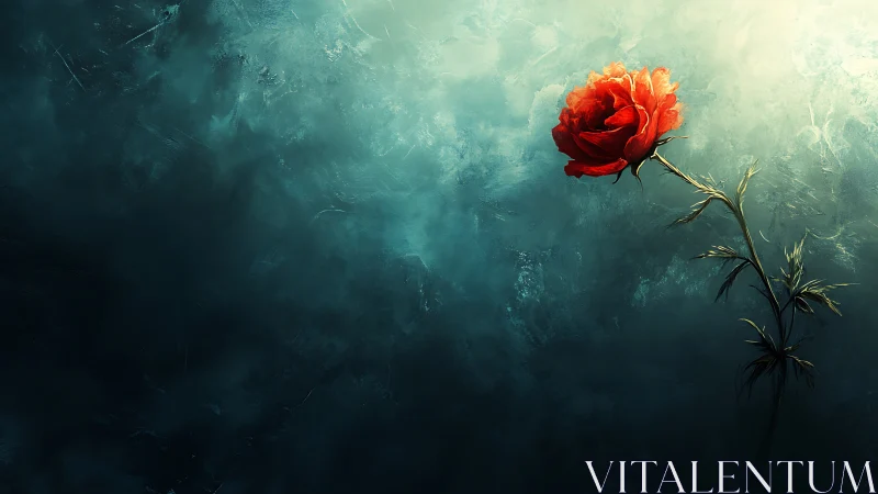 Single red rose against textured teal abstract field.