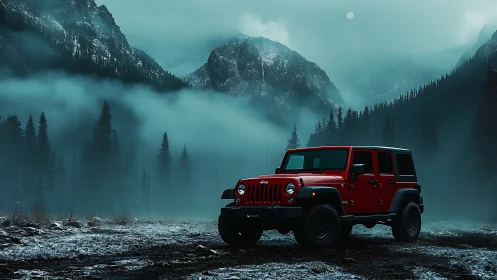 Scarlet off‑roader prowls through moody alpine misted valley.