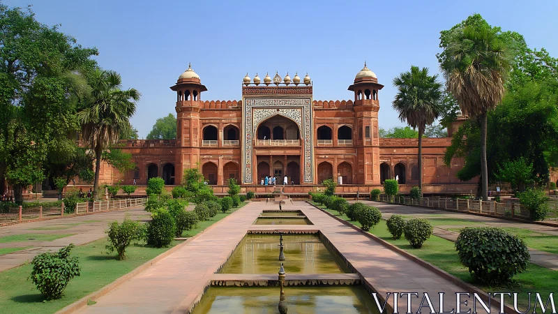 Sunlit Mughal gateway serenading formal gardens in stone.