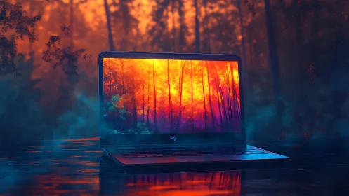 Laptop screen framing glowing digital forest in misty woods.