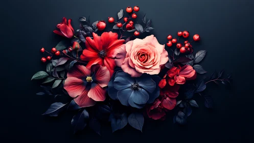 Floral Arrangement Against Dark Background Showcases Layered Bloom Composition