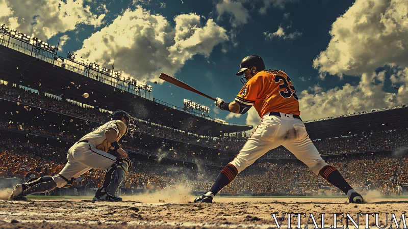 Dramatic low-angle baseball batter in mid-swing under stormy sky.