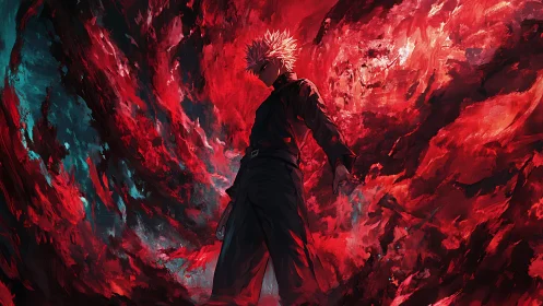White haired warrior stands within swirling red vortex