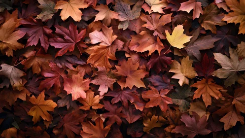 Crimson rustle of fallen autumn maple leaves gathered close.