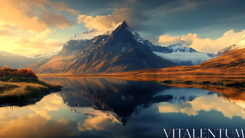 Sunlit alpine peak reflects over still mountain lake