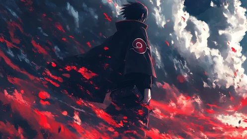 Lone cloaked anime swordsman amid red storm clouds.