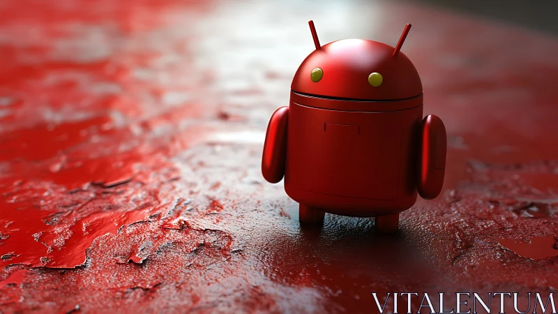 Chromed red Droid figurine on textured reflective surface.