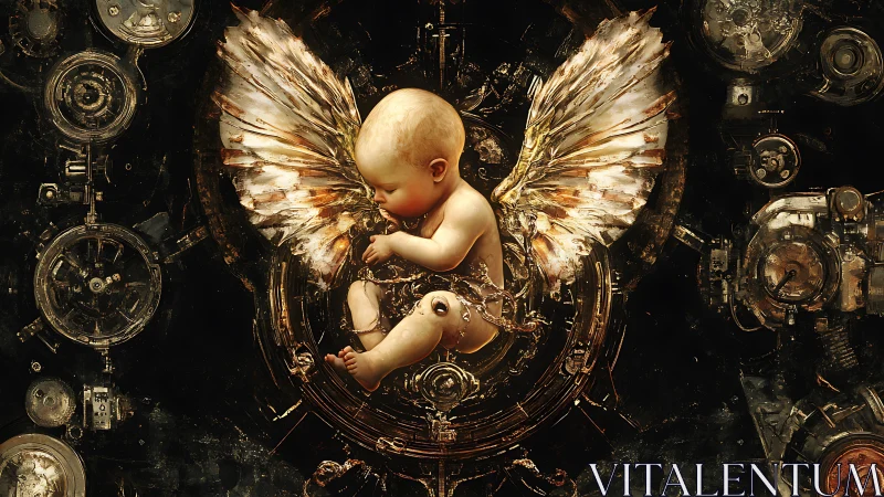 Winged clockwork infant curls inside a glowing mechanical womb