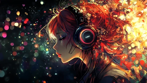 Girl with headphones immersed in vivid abstract light