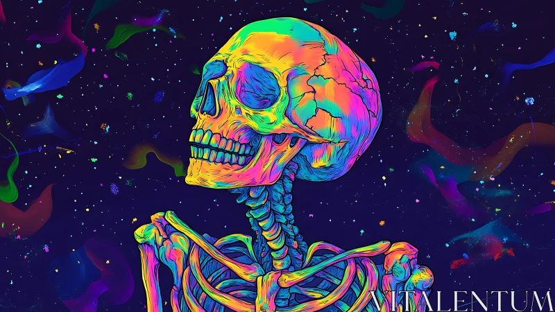 Neon skeleton prays under cosmic abstract starlit sky.