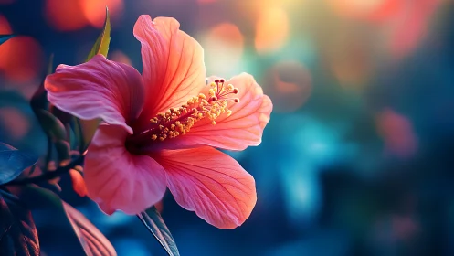 Pink Hibiscus Flower with Golden Stamens Against Blurred Bokeh Background