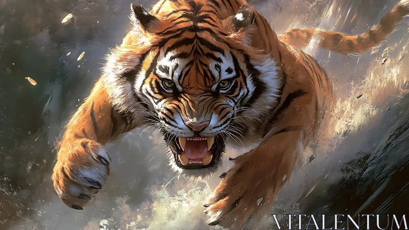 Charging tiger bursts through splashing water with fierce focus