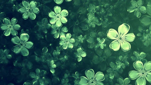 Luminescent Five-Petaled Botanical Forms in Tonal Green Gradient Field