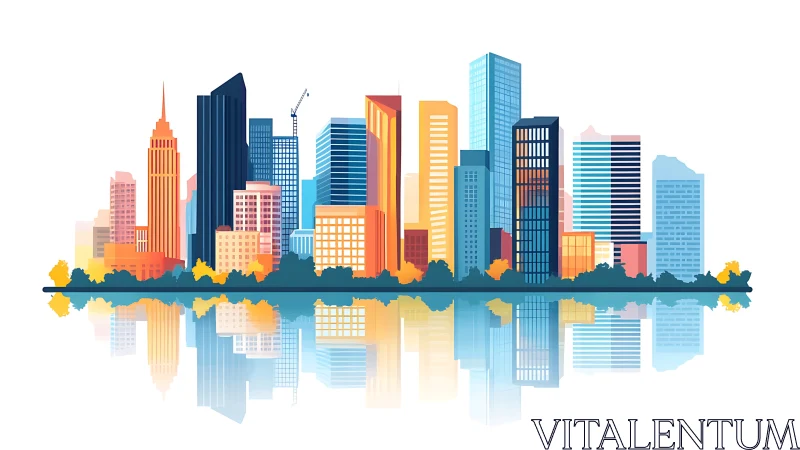 Urban skyline illustration with mirrored waterfront reflection.