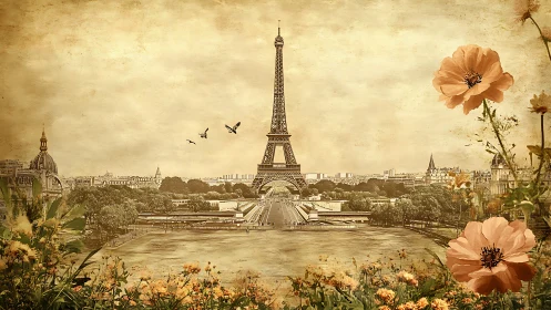 Vintage Eiffel Tower cityscape with foreground flowers.