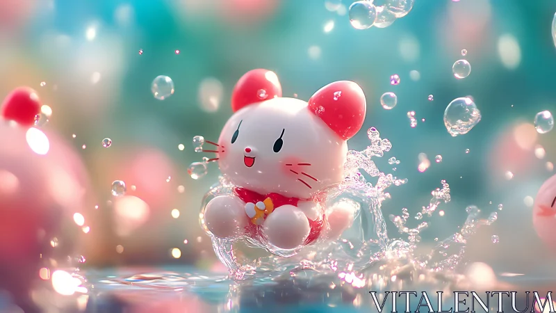 Playful kitty toy splashing through a dreamy bubble pond.