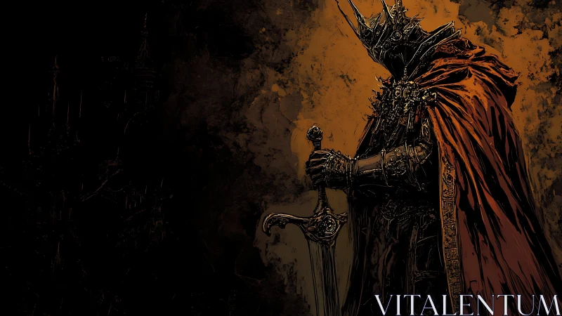 Dark crowned warlord with ornate sword and ember cloak.