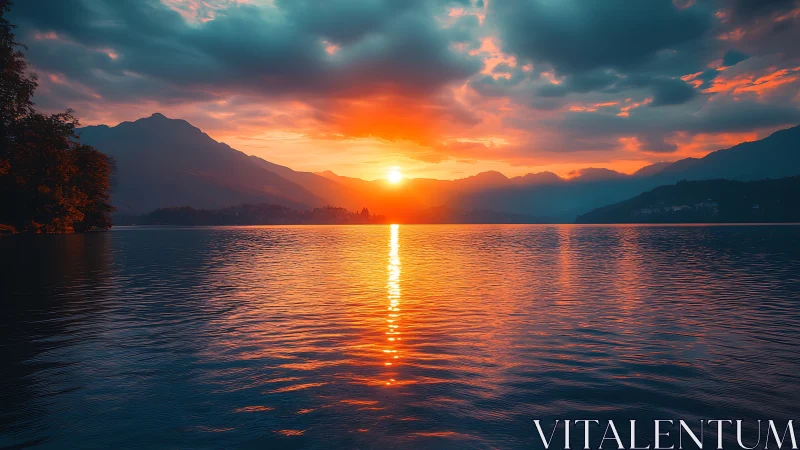High-saturation mountain lake sunset with reflective water plane.