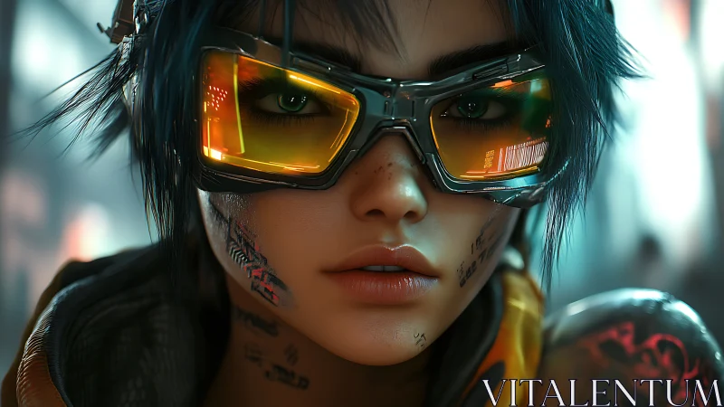 Cyberpunk rebel with neon visor stares down the future.