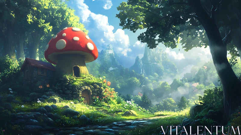 Mushroom cottage anchors misty forest valley sunrise