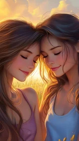 Two figures in golden light with closed eyes and flowing hair