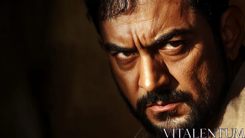 Intense bearded man in harsh side light close-up portrait.