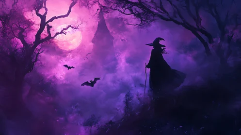 Witch silhouette in violet moonlit mist with haunted forest.
