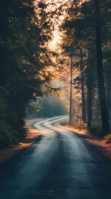 Winding Forest Road at Golden Hour.