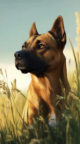 Alert brown dog in tall golden grass at sunset light.