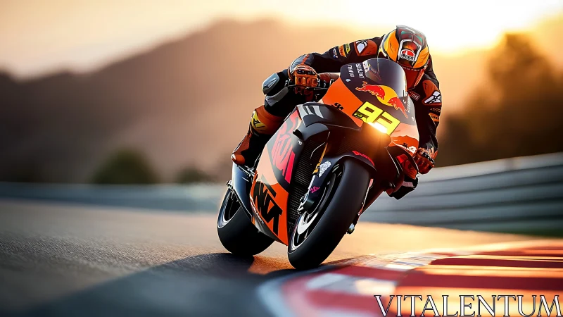 High lean-angle MotoGP bike cornering under warm sunset light