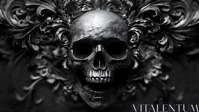 Baroque metallic skull relief rendered in dramatic chiaroscuro lighting