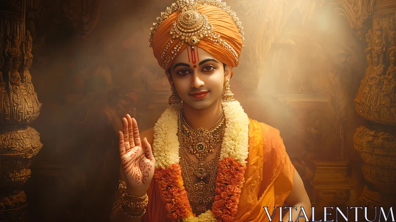 Serene saffron monarch offering blessing in temple glow.